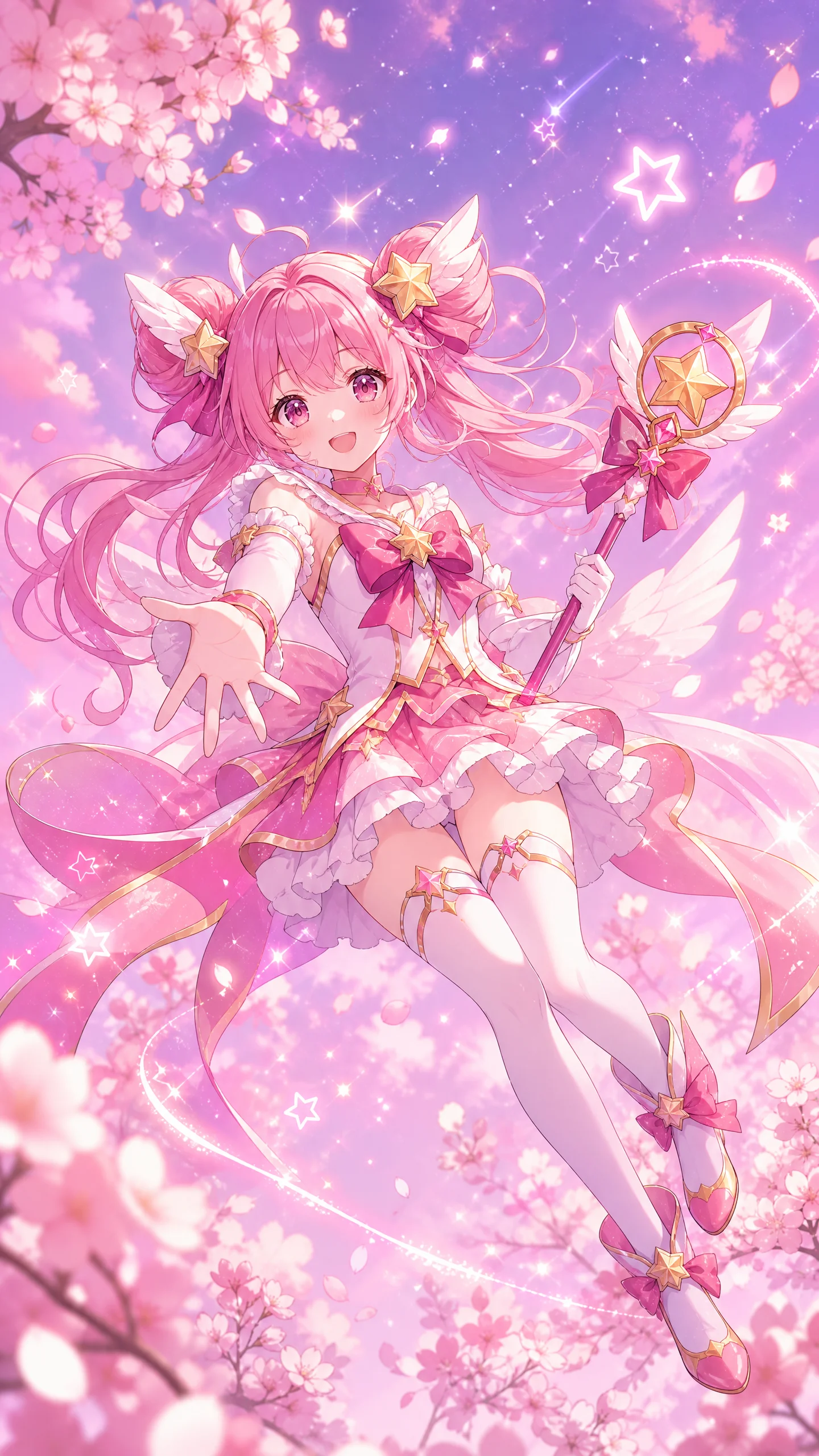 粉色魔法少女手机动漫壁纸 - 樱花星光可爱风格竖屏