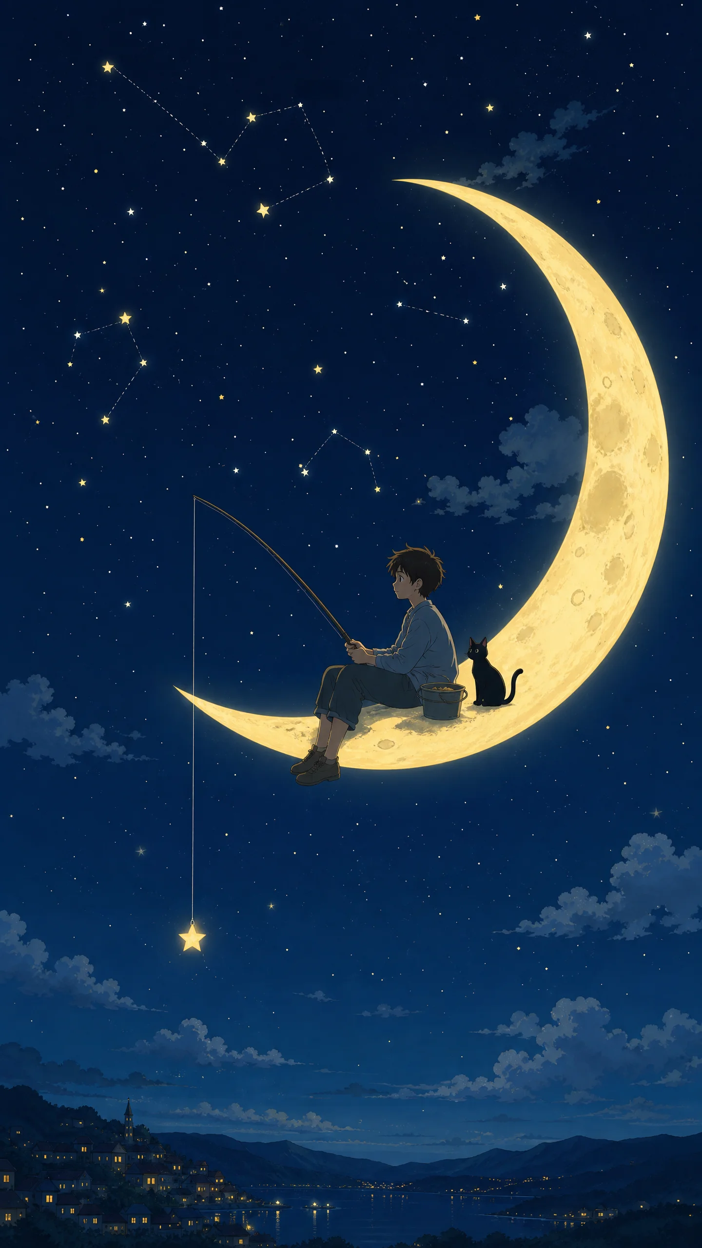 月亮钓星少年手机动漫壁纸 - 梦幻夜空治愈竖屏