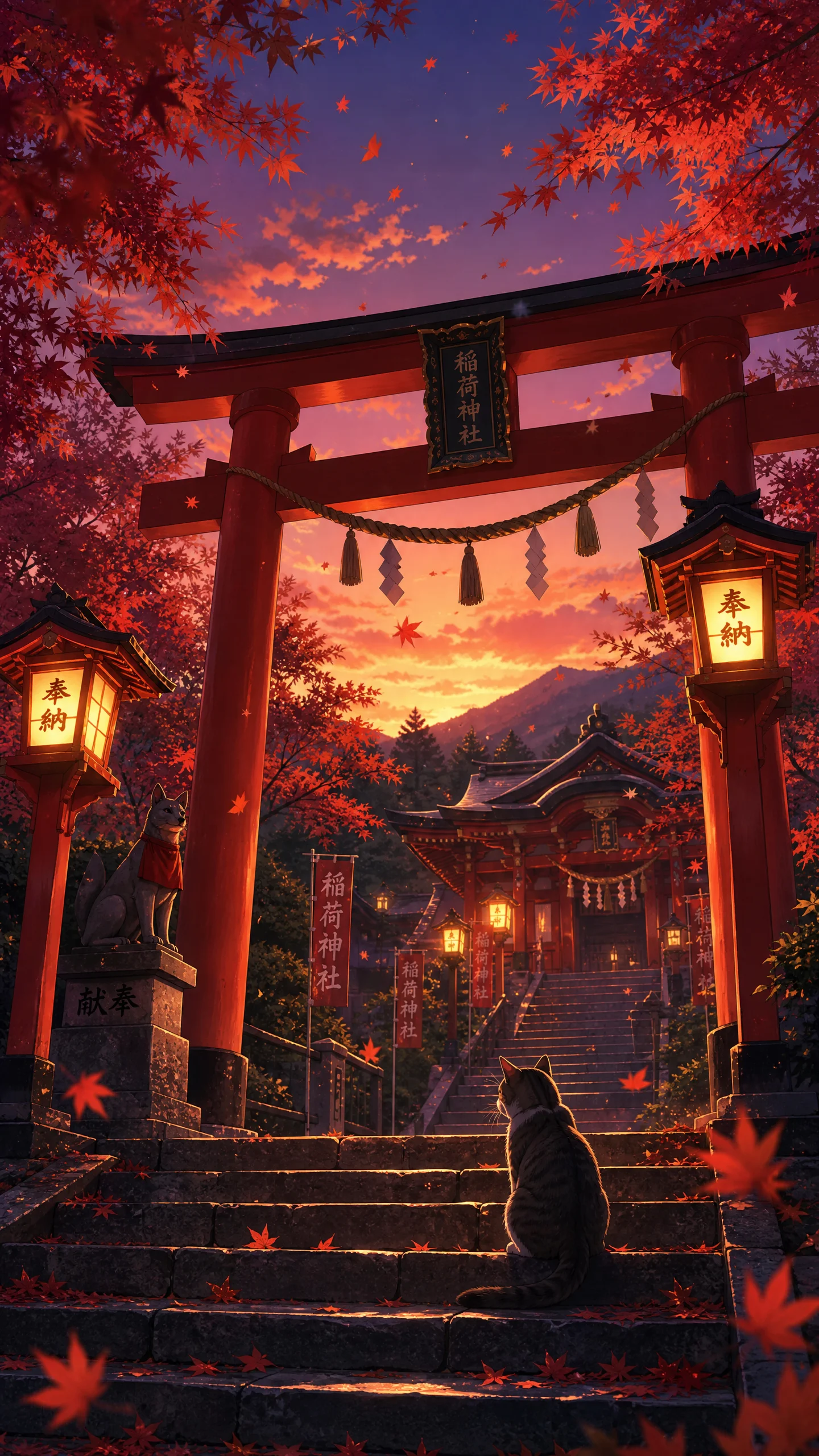 秋日神社鸟居手机动漫壁纸 - 红叶灯笼日式竖屏